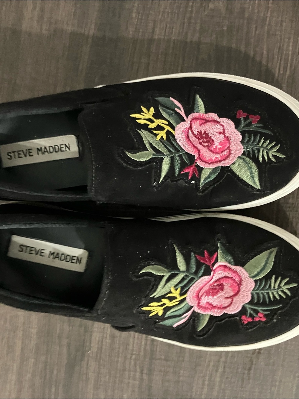 Steve Madden Black Slip-On Sneakers with Pink Floral Embroidery sz 6.5 $69